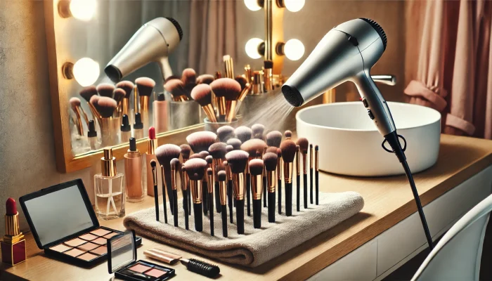 makeup brushes being quickly dried with a hair dryer